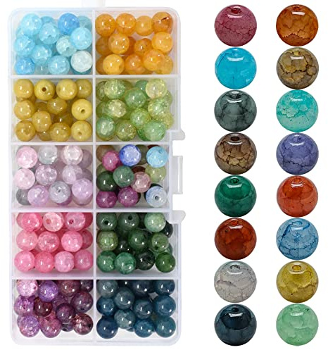 200 Pezzi 8 mm Perline Craquelé di Vetro Colorate, Rotondo Marmorizzato Con Foro, 10 Colori Scoppiettare per Braccialetti, Collane, Bigiotteria, Artigianato