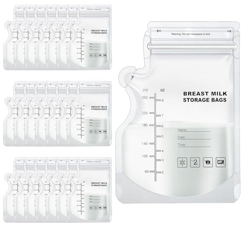 50 Pcs Breast Milk Storage Bags, 250ml Disposable Milk Storage Bags with Pour Spout No-Leak Milk Freezer Storage Pouches for Breastfeeding