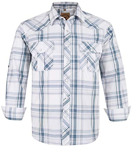 Coevals Club Chemise Homme Manches Longues Casual Boutons-Pression Unis Costume à Carreaux Regular Fit décontractée à Boutons Bas Hommes Chemise d'affaires à Repassage Facile(Blanc Carreaux 28# L)