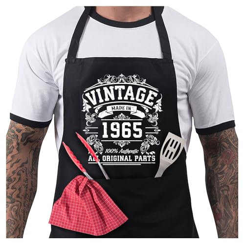60th Birthday Gift Ideas For Men - BBQ Grilling Apron For Husband - Vintage Original Parts Born In 1965 - Cooking Accessories - Black