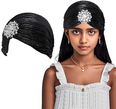 Lufdegim Turban Damen Hut mit Abnehmbarer Kristall Brosche 1920s Fasching Hut Damen Vintage Turban Elastische Kopf Wraps Gatsby Kostüm Accessoires (Schwarz)