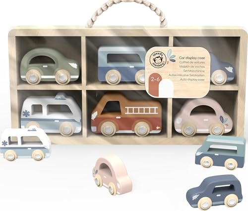 SPEEDY MONKEY Set of 6 Wooden Toy Cars with Case, 24m+, Toddler Gift | 6 little toy cars with a wooden case, vibrant colours, smooth edges, non-toxic paint, FSC certified wood