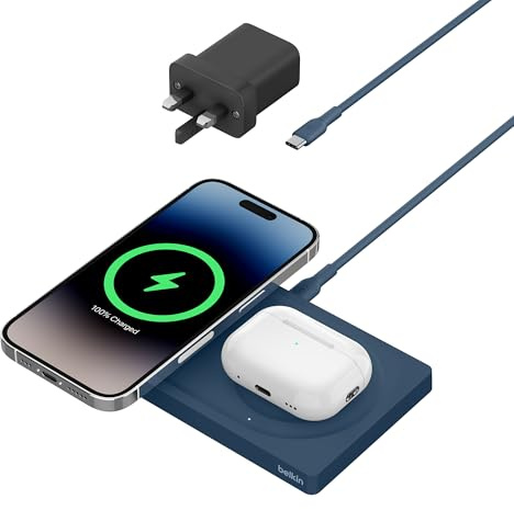 Belkin BoostCharge Pro 2-in-1 MagSafe Charger, Wireless Charging Pad with 15W, iPhone fast charger compatible with iPhone 16, 15, 14, 13, 12 Series, AirPods, and other MagSafe enabled devices - Blue
