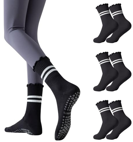 3 pares de calcetines de pilates con agarre antideslizantes, calcetines de yoga con volantes para mujer, calcetines de agarre para barre, ballet, danza, entrenamiento descalzo, gimnasio, Altoa única