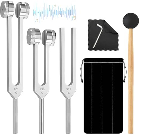Stimmgabel Set, Stimmgabel 128 hz, 256 Hz, 512 Hz für Therapie und Neurologie, Stimmgabel Neurologie, aus Aluminiumlegierung mit Silikonhammer und Holzhammer, Ideal für Klangtherapie Heilung