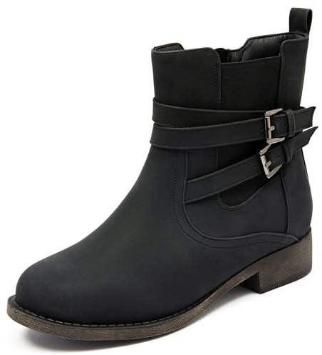 Ataiwee Women's Ankle Boots - Classic Side Zip, Comfortable Platform, Cover with Buckle Strap, Round Toe, Low Chunky Heel Comfort Slip On Fashion Black Boots.(PU,9 UK)