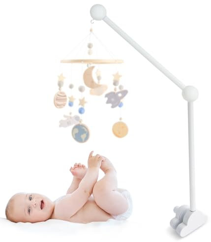 Aurinovellia Mobile Halterung Holz für Babybett, Mobile Ständer Weiß Wolken Design, 360°Drehbar Baby Mobile Aufhänger, Abnehmbarer, für Aufhängung Spieluhr Bettglocke Windspiel Baby Bett Spielzeuge
