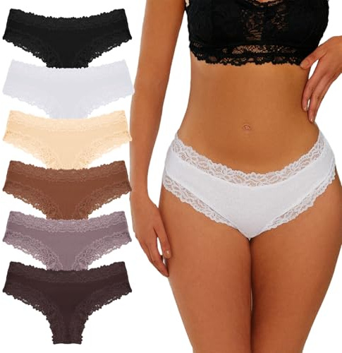 HAGOT 6 Pack Cotton Underwear Women, Lace Women's Brazilian Knickers, Mid-to-Low Sexy Hipster Comfortable Panties