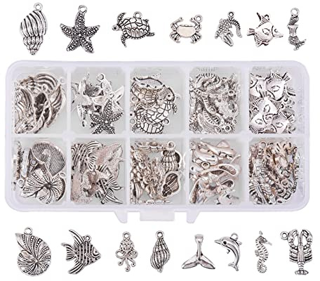 PandaHall 90 Stück 15 Stil Maritime Anhänger Ozean Fisch Charms Antik Silber Tibetische Legierung Muschel Meerestier Meeresbewohner Anhänger für Armband Hawaii Halskette