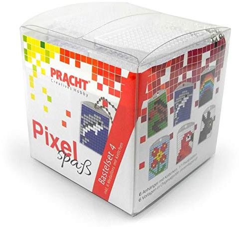 Pracht Creatives Hobby Pixel P90011-63501 Spaß Bastelset 4, zur Gestaltung von 6 Schlüsselanhängern für Kinder, kinderleichtes Stecksystem, ohne Bügeln und Kleben, Steinchen aus Biokunststoff