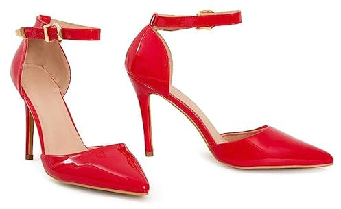 Damen Herren Unisex Pumps mit Knöchelriemen, Schnalle, Stiletto-Absatz, Übergröße 43-46 - 46, rotes Leder, 44 EU