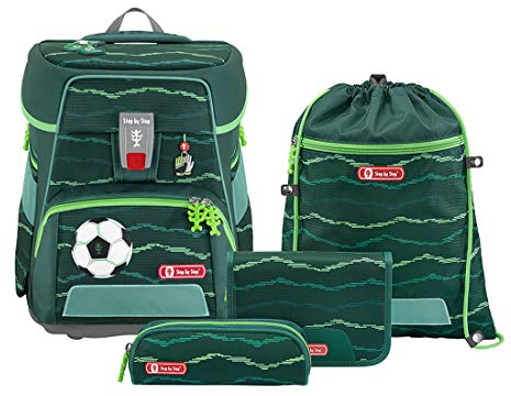 Step by Step Schulranzen-Set e-Space „Soccer Star“ 5-teilig, blau-grün, ergonomischer Tornister mit Reflektoren, höhenverstellbar mit elektrischem Hüftgurt für Jungen ab der 1. Klasse, 20L