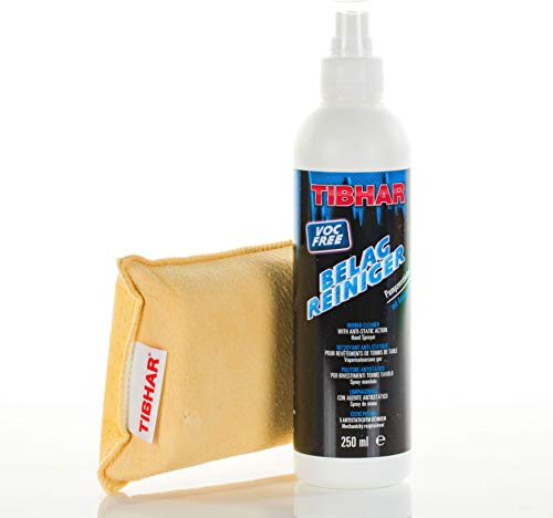 Tibhar Tischtennis Belagreiniger mit Kombi-Schwamm | Belagpflege-Set | Belagspray | Pumpspray | mit Antistatikum | 250ml
