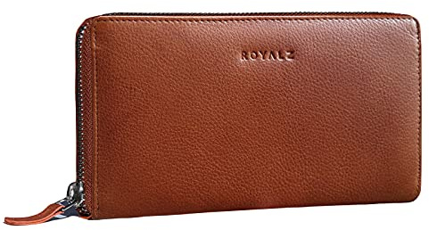 ROYALZ 'Lilly' Porte-Monnaie Vintage pour Femmes avec bloqueur RFID Pochette en Cuir de Buffle véritable Sac à Format Paysage Portefeuille Classique Grande, Couleur:Texas Marron