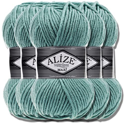 Alize 5 x 100g Superlana Maxi Türkische Premium Wolle Baumwolle und Acryl Uni Handstrickgarne | Yarn | Garn | Strickgarn Einfarbig Baby zum Häkeln Stricken Kleidung Schals (Light Aqua | 463)