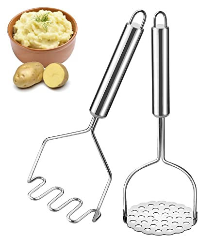 HUDDU 2 Pezzi Schiacciapatate Acciaio Inox Schiacciapatate Manuale Professionale, Riutilizzabili Schiacciapatate Ondulato, Manico Spesso Schiaccia Patate per Zucca e Patate Dolci