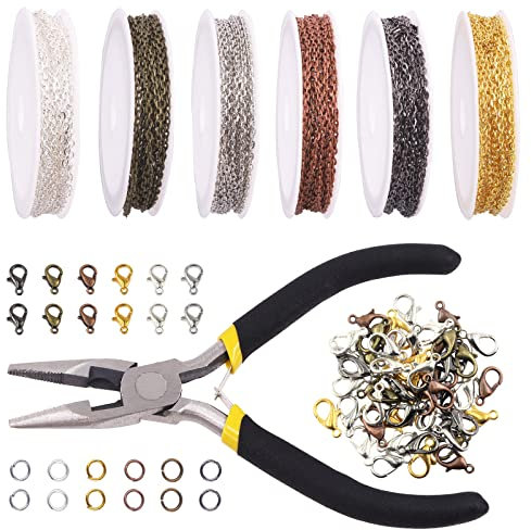 Keadic Lot de 247 rouleaux de chaîne à maillons de 2 mm, 3 mm, 5 mm avec anneaux ouverts, fermoirs mousquetons et pinces à bijoux, bracelets, boucles d'oreilles