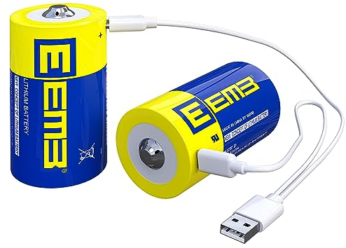 EEMB Pilas D Recargables 1.5V Pilas D Recargables 5550mWh Pilas Recargables de Litio D Cable de Carga USB Tipo C Batería de Repuesto LR20 para Linterna - Pack de 2