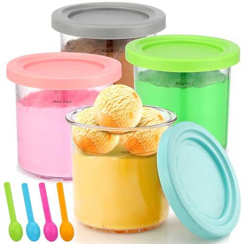 4 Stück Eisbehälter Dessert Tubs, Ninja Creami BehäLter mit Deckel und 4 Löffeln, Spülmaschinenfest Wiederverwendbar, für Ninja Creami Eismaschin, Genießen Sie Gelato, Milchshakes, Sorbets