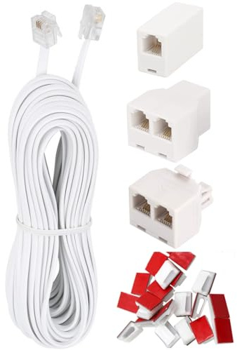 OMITUOFO Phone Extension Cord 33 Ft, Telephone Cable with Standard RJ11 Plug and Inline Coupler,Telephone Splitters,3Female Telephone Splitter and 20 Cable Clip Holders, White
