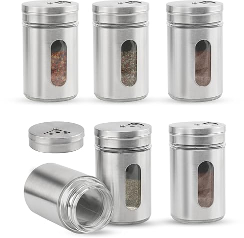 6 tarros de especias con bandeja para esparcir, 8 x 5 cm, para especias, tarros de cristal con tapa, para cocinas, restaurantes, barbacoas, jarras de especias