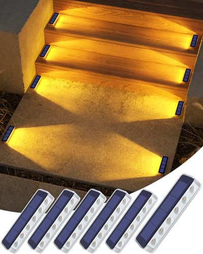 DetarZinLED Luci Solari Esterno Giardino, 6 Pezzi Luce Solare LED Esterno, IP68 Impermeabili Luci Solari per Scale Esterne, Bianco Caldo Luce Solare Esterne per Scale,Terrazzo, Vialetto, Patio