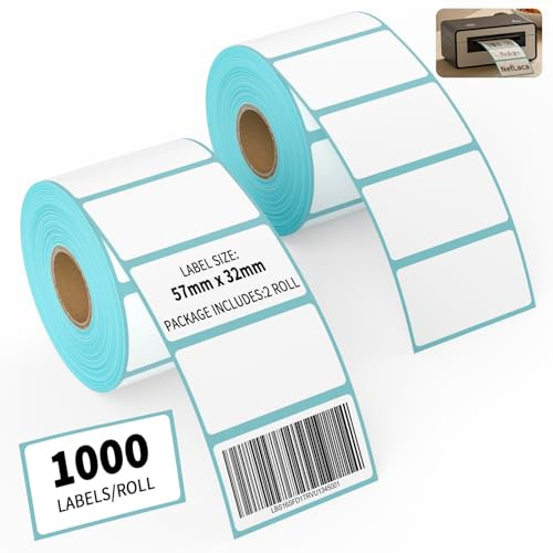 NefLaca 2 Roll 2000 Self Adhesive Label Sticker 57mm x 32mm Address Labels Blank Roll Rectangle Label Write On Note Mark Catering Food Jars Sticky Stickers for Office Kitchen Printer