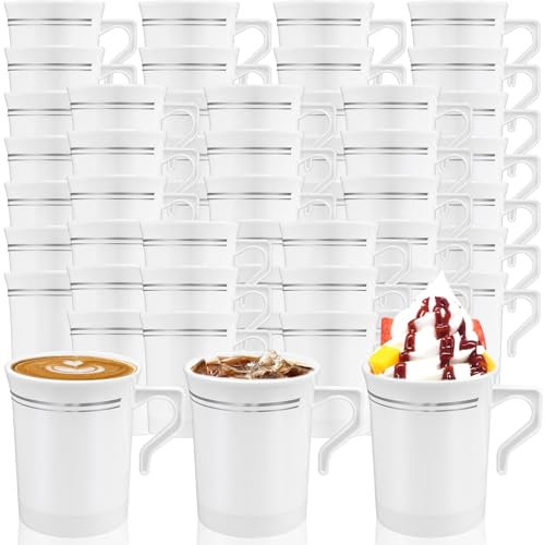 Kaxtde Paquete de 48 tazas de plástico blanco con asa, 230 ml, reutilizables, tazas de café a granel, vasos irrompibles con borde plateado para fiesta de té, boda, cafetería, camping, picnic