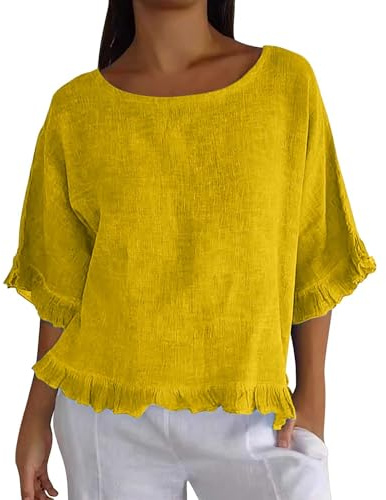 Camisas de lino para mujer, estilo casual, manga 3/4 con volantes, cuello barco, blusas básicas de moda, amarillo, M
