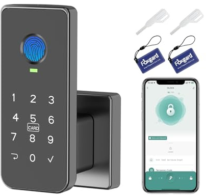Foxgard Smart Fingerprint Door Lock, 5-in-1 Fingerprint Door Knob, Black | 5 ways to unlock: fingerprint, code, app, IC card & key; keyless entry with auto-lock for bedrooms, offices and home