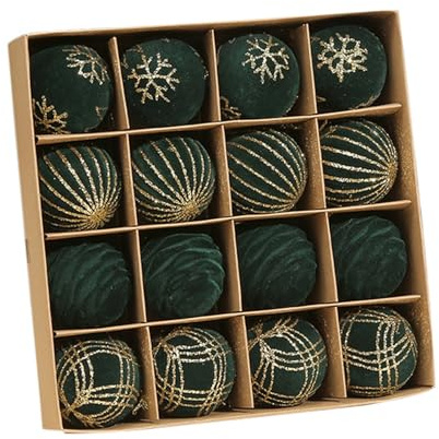 16Pcs Velvet Christmas Baubles 60mm / 2.36 Inches, Elegant Dark Green & Gold Shatterproof Plastic Christmas Tree Decorations, Flocked Hanging Ball Ornaments for Holiday Party Home Decor