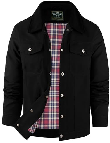 Flygo Mens Flannel Lined Shirt Jacket Cotton Corduroy Turndown Collar Snap Button Rugged Cargo Trucker Jacket with Multi-Pockets(Black-L)