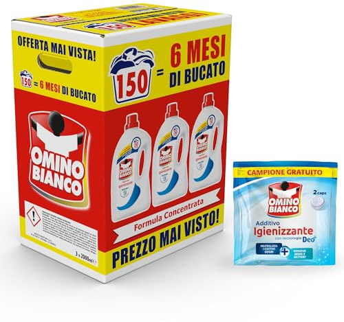 Omino Bianco - Detersivo Lavatrice Igienizzante Liquido, 150 Lavaggi, Rispetta Colori e Tessuti, Igienizza e Rimuove Germi e Batteri, 2000 ml x 3 + Campione di Additivo Lavatrice Igienizzante Idrocaps