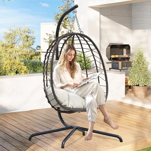 LEX CRAFT Hanging Egg Chair with Stand, Swinging Egg Chair Outdoor Indoor, Hanging Basket Chair with Cushion, Patio Wicker Hammock Chair 350lbs Capacity for Porch, Balcony, Backyard, Garden (Beige1)