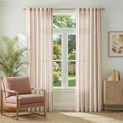 jinchan Linen Curtains for Living Room Striped Curtains Red on Beige Thick Textured Light Filtering Drapes Bedroom Dining Room Rustic Farmhouse Cottage Core Style 2 Panels 84 Inches Back Tab