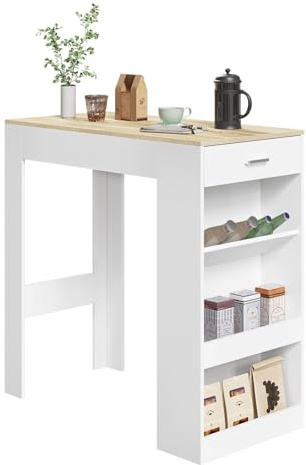 WOLTU Tavolo da Bar, Bancone da Bar con 1 Cassetto e 3 Ripiani, Tavolo Penisola per Cucina, Pub, Bistrot, Legno Ingegnerizzato (Con assi di legno, Bianco+Rovere Chiaro, 100 x 50 x100 cm)
