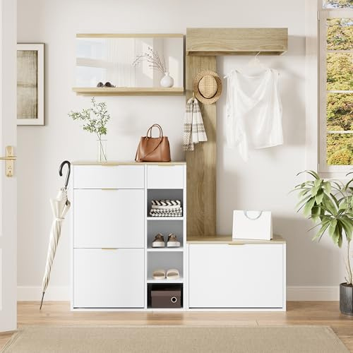 Moimhear Juego de 4 percheros para pasillo, 130 x 30 x 174 cm, color madera+blanco, zapatero, banco, espejo de pared y panel de armario, muebles de pasillo completos para entrada