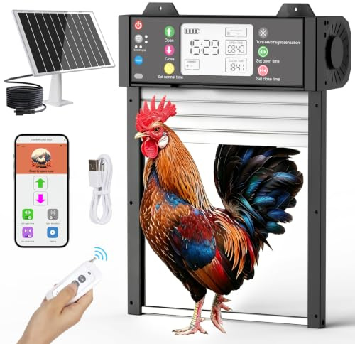 Puerta automática de pollo solar de aluminio, tapa eléctrica para pollos con aplicación WiFi, sensor de luz, temporizador, mando a distancia, pantalla LCD, batería de 4000 mAh y protección contra