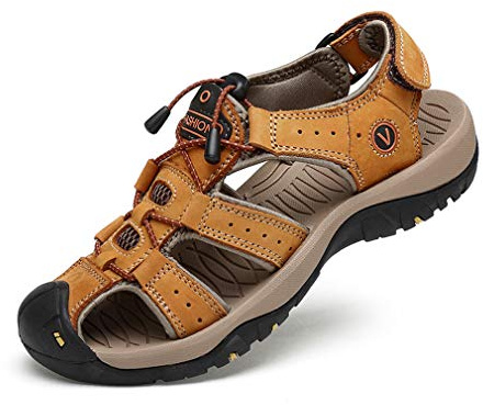 Sandaler för män, i läder, vandringssandaler, utomhusskor för sommar, andas, storlek 38–48, GUL, 41 EU