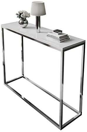 lukmebel Konsole MODERN II Chrom Hochglanz Weiß 100 cm Schminkkonsole HG Konsolentisch Tisch Beistelltisch Wohnzimmertisch Flurtisch Dekotisch Eingangsbereich Metallrahmen (Weiß Hochglanz)