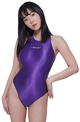 LEOHEX Sexig satin hög glansig bodysuit glänsande trikåer baddräkt i ett stycke Japan skinnsuit, Lila, XL