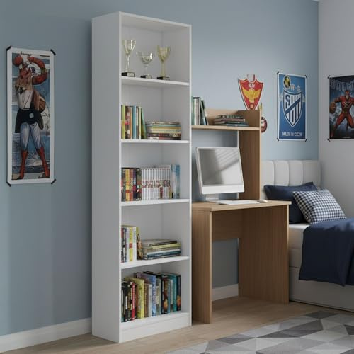 Dmora - Bibliothèque Pomona, Bibliothèque haute avec 5 étagères, Etagère de bureau ou de chambre, Etagère moderne avec compartiments, 52x25h80 cm, Blanc