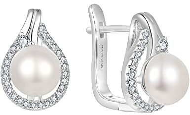 JO WISDOM 925 Sterling Silver 6mm / 7mm Sötvattenspärl Ringörhängen med pläterat vitguld Bröllopssmycken för kvinnor, 8mm, Kubisk zirkonia, Kubisk zirkonia