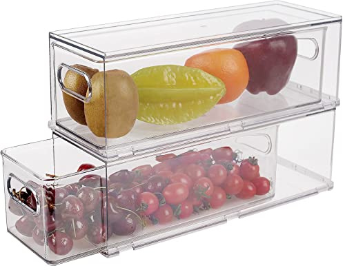 Taiuloo 2 Pack Stackable Refrigerator Organizer Bins with Pull-Out Drawer, Clear BPA-Free Food Storage Containers for Fridge Freezer, Kitchen Pantry Cabinet & Bathroom Vanity Organization