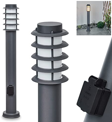 Außenwegeleuchte Tunes mit Steckdose, moderne Sockelleuchte aus Metall/Kunststoff in Anthrazit/Weiß, Wegeleuchte 80 cm, Gartenlampe m. E27, Gartenbeleuchtung IP44, ohne Leuchtmittel