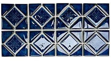 Tenedos Navy Green Diamond Square with Flower Glossy Porcelain Lineup Pool Wall Floor Tile on 6x12 Mesh for Easy Installation for Bathroom Shower, Backsplash Kitchen, Accent Wall (1 Piece)