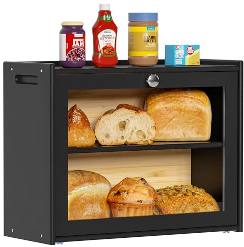 Exabang Brotkasten Bambus Brotaufbewahrungsbox mit Belüftung 2 Regale und Großer Sichtfenster, Holz Brotbehälter Brotaufbewahrung lebensmittelecht pflegeleicht Brotbox 40x31x17.5
