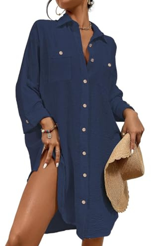 Bsubseach Sommer Strandkeid für Frauen Button Down Strand Shirt Kleid Badeanzug Cover Up V-Ausschnitt Strandponcho Bademode Resort Wear