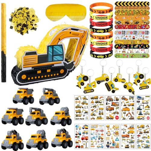 Construction Pinata Dump Truck Pinata for Boy Kids Construction Birthday Party Tractor Excavator Car with Vehicles Toys Bracelets Stickers Tapes Confetti Tools