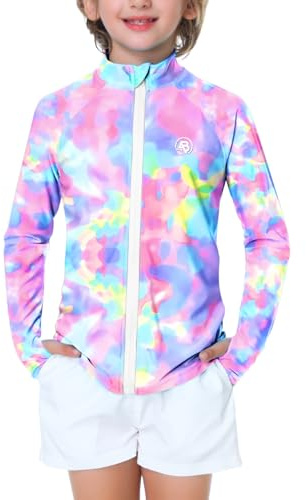 AOBUTE Unisex Kids Long Sleeve Zipper Rash Guard UPF 50+ Swim Shirt with Thumbholes Tie Dye Purple 5-6 Years